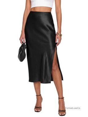 Satin Silk Midi Slip Skirt High Waist A-Line Side Slit Work Skirt